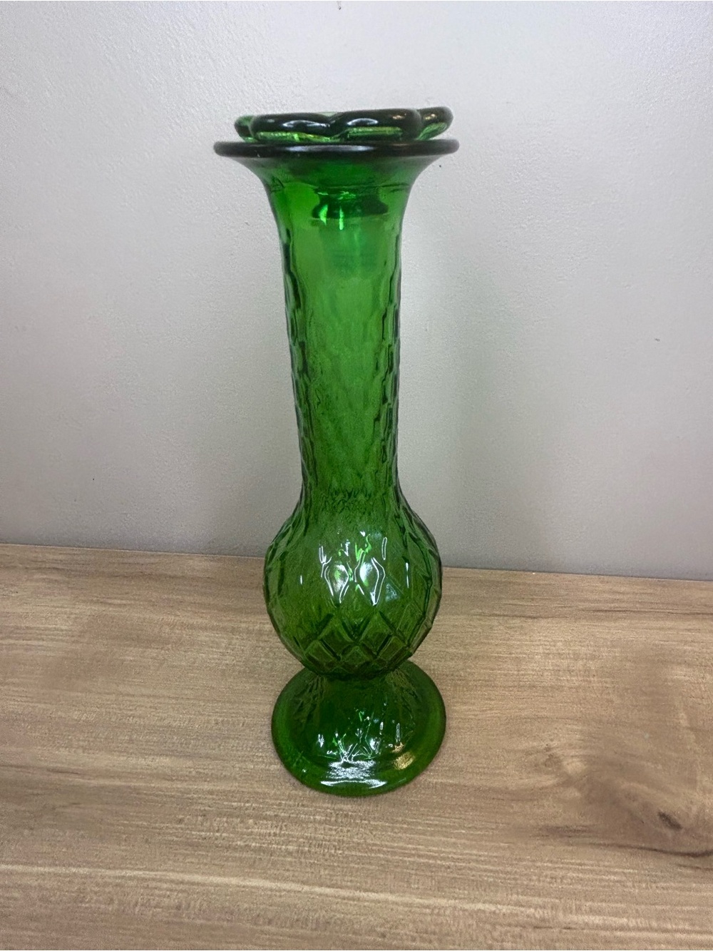 Vintage Green Diamond-Pattern Glass Vase - Vintage